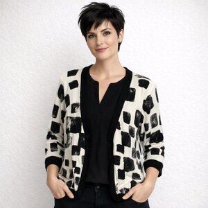 Designers Originals Sz PS Womens Black/White Geometric Pattern Sweater Cardigan